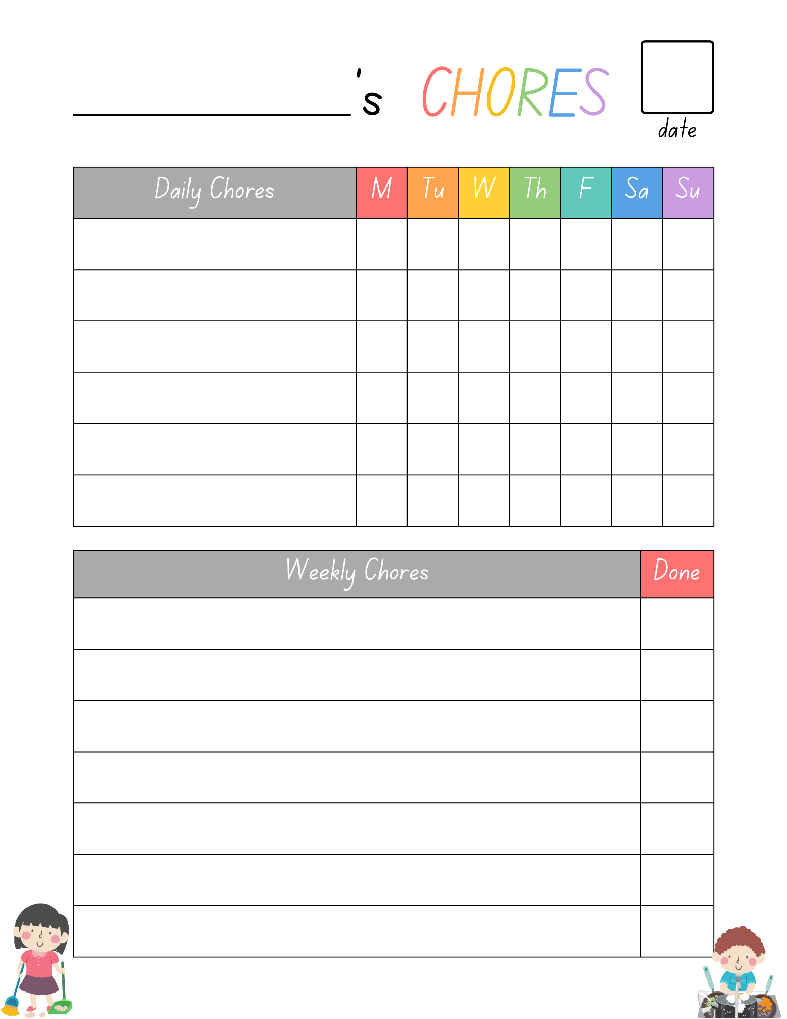 blank chore chart template